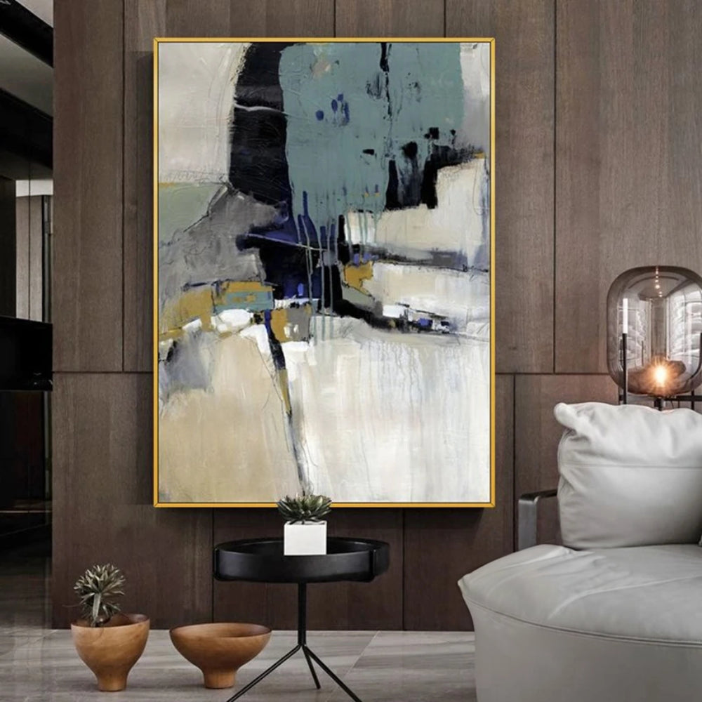 Room mockup showing blue-grey and black geometric blocks over cream and pale grey fields with small ochre marks.