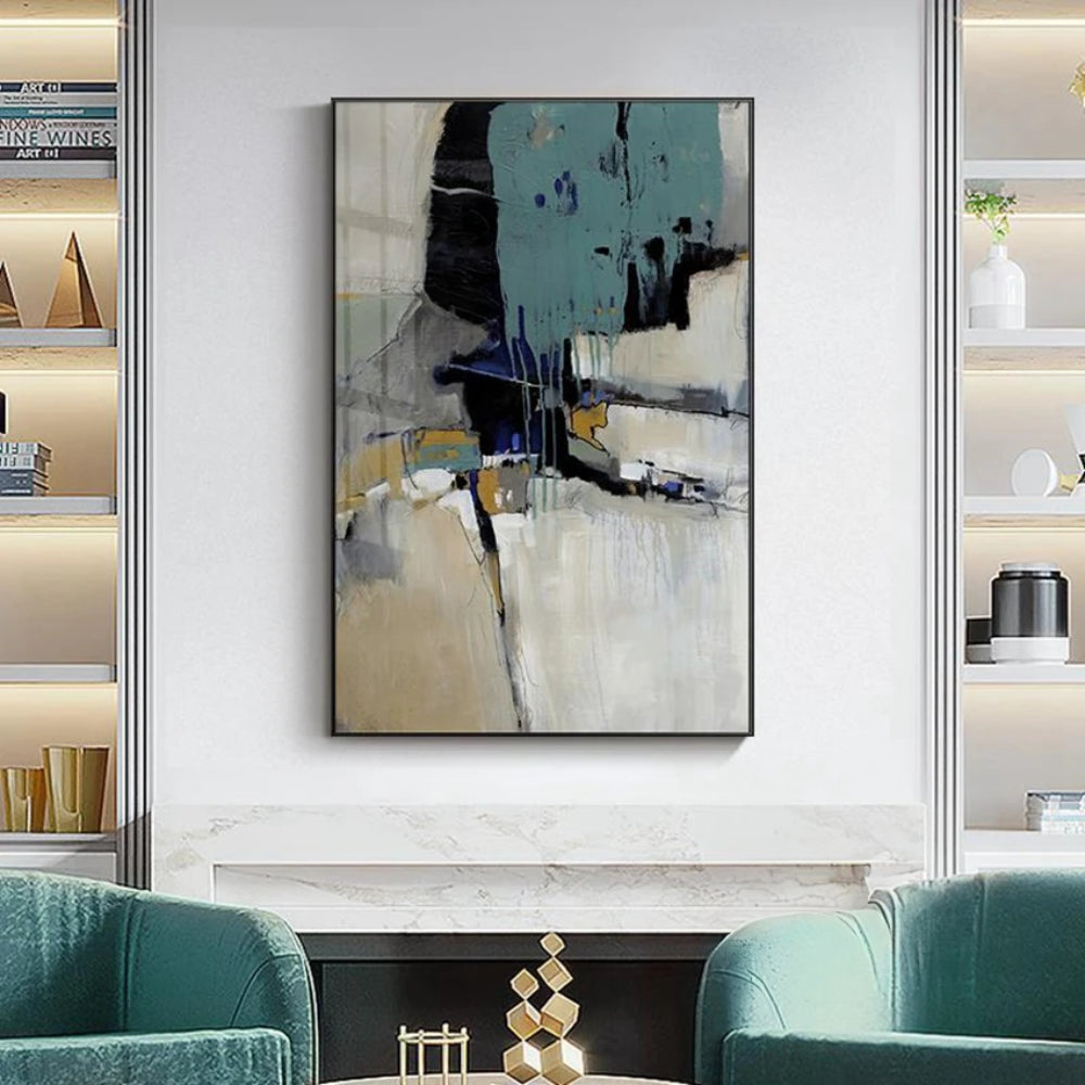 Room mockup showing blue-grey and black geometric blocks over cream and pale grey fields with small ochre marks.