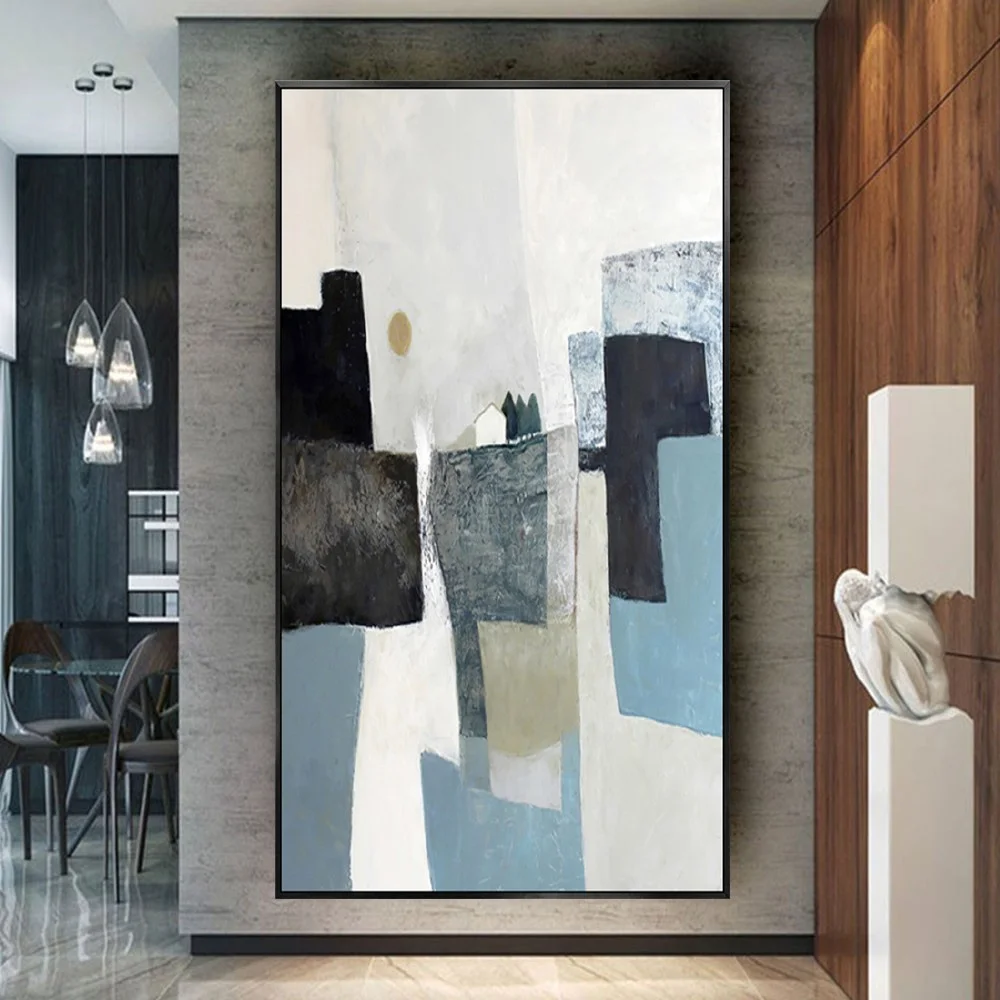Room mockup showing tall blue-grey and cream geometric blocks crossed by large black rectangular shapes.