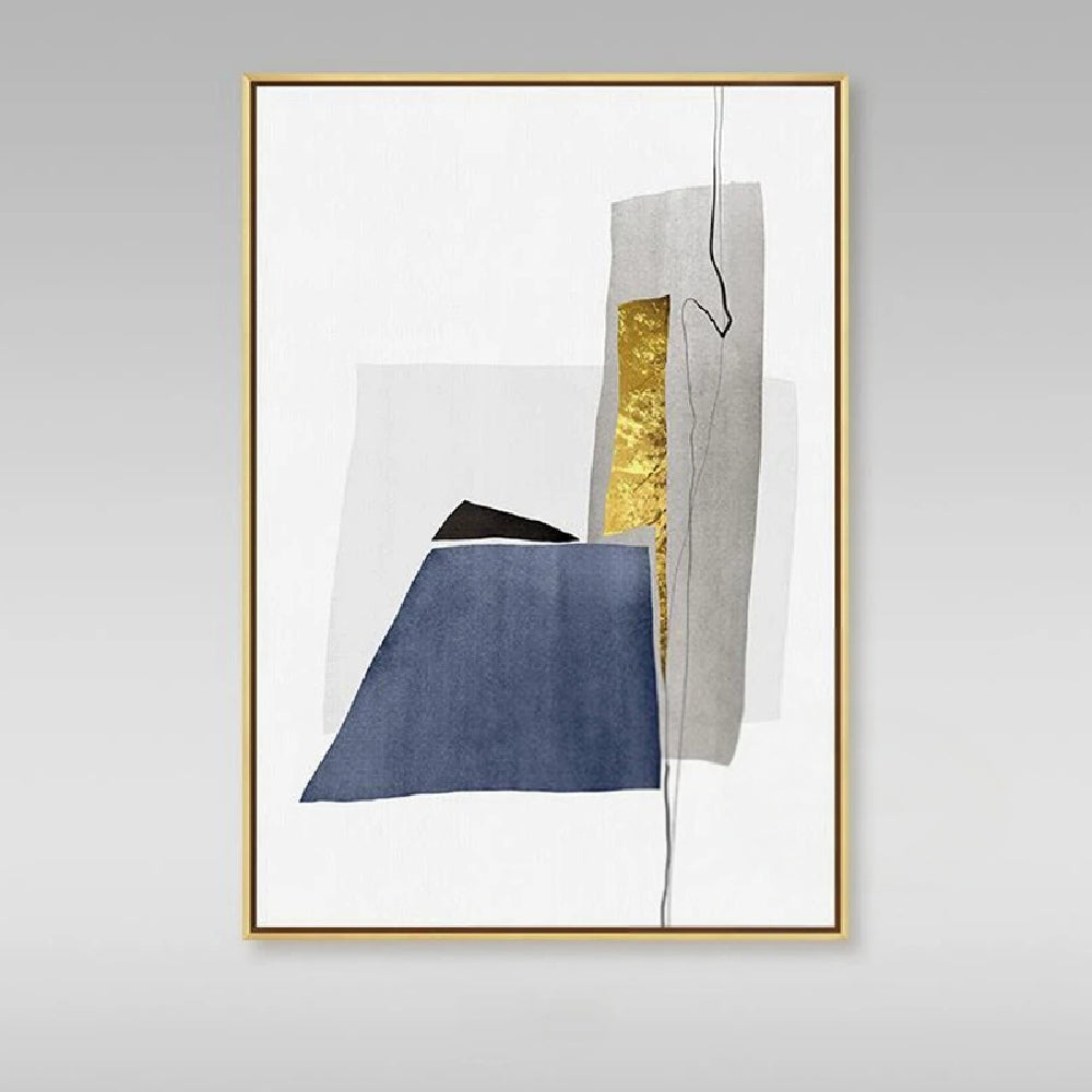 Blue-grey angular form beside a tall grey block and a narrow gold-coloured strip on white.