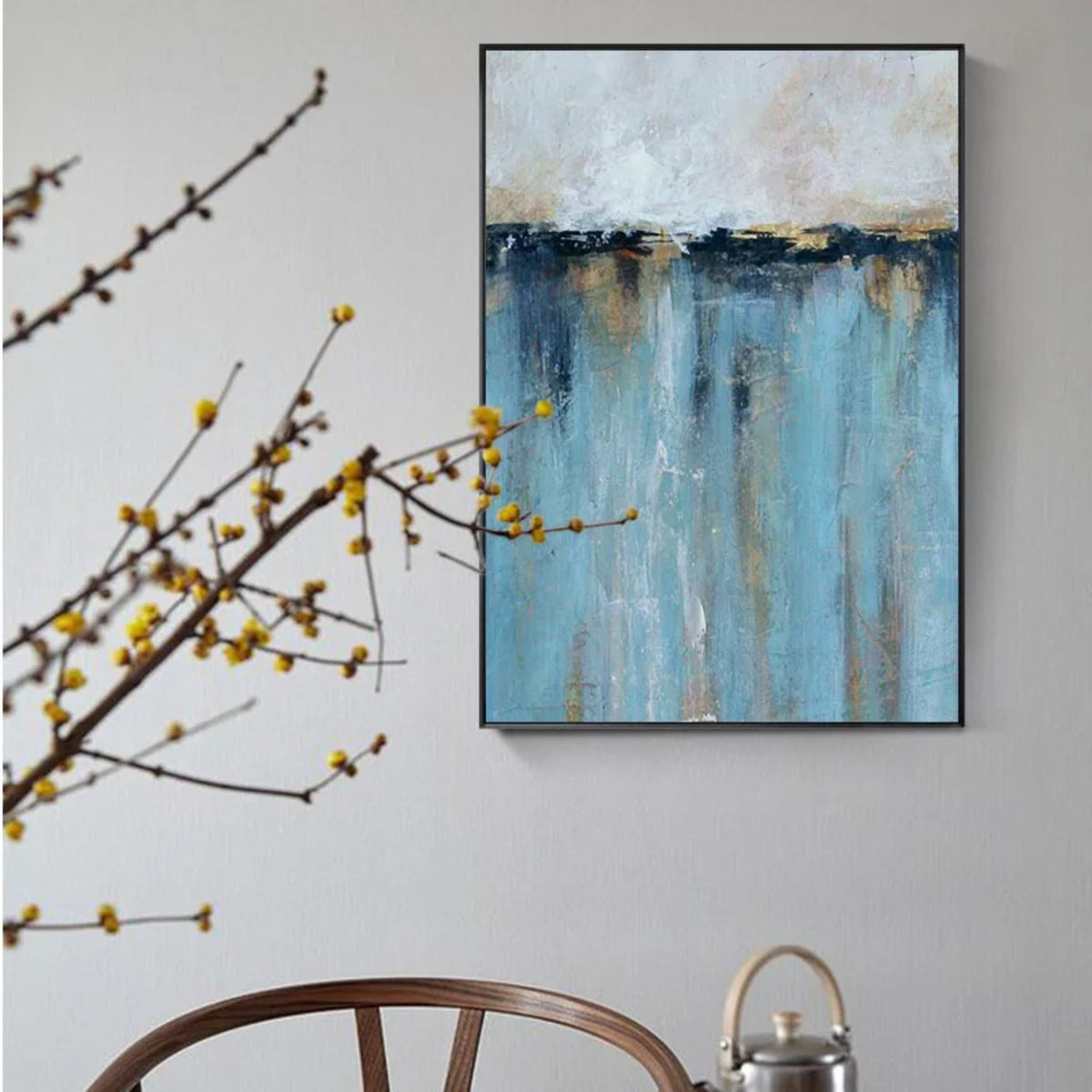 Room mockup. Pale grey above a dark blue horizon, with blue vertical strokes and small gold-coloured accents below.