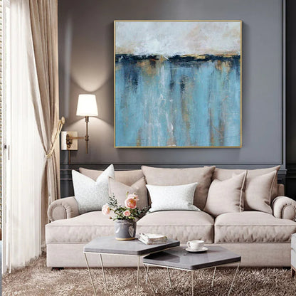 Room mockup. Pale grey above a dark blue horizon, with blue vertical strokes and small gold-coloured accents below.