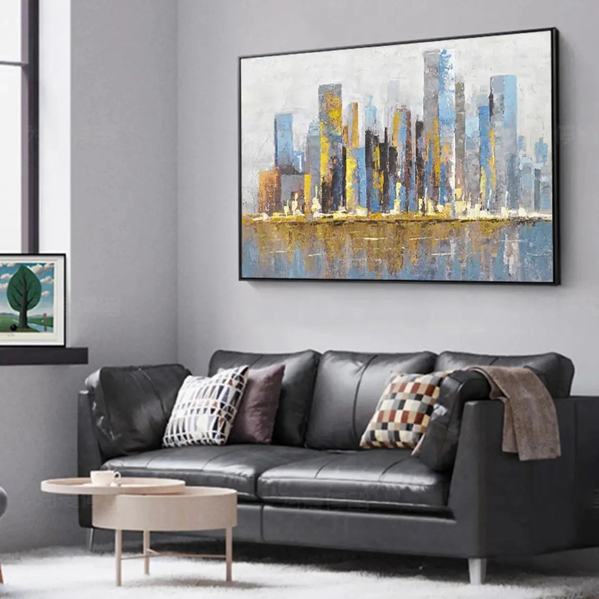 Room mockup showing slender blue and grey city towers with gold-coloured accents reflected in a pale blue foreground.