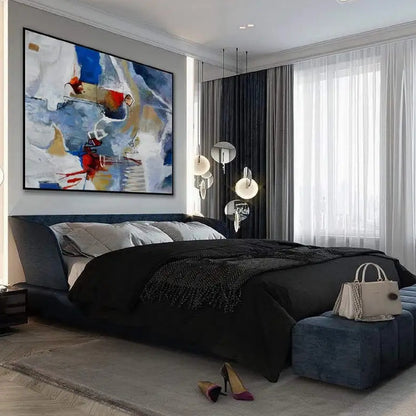 Room mockup. Blue, grey and cream angular strokes surround red accents, fine white loops and short black lines.