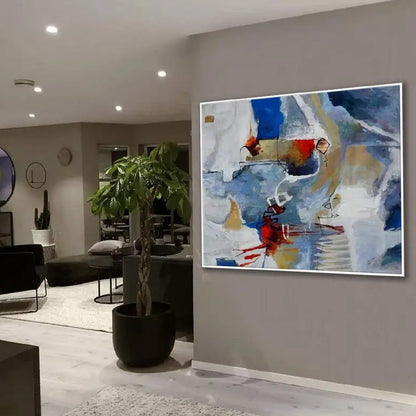 Room mockup. Blue, grey and cream angular strokes surround red accents, fine white loops and short black lines.
