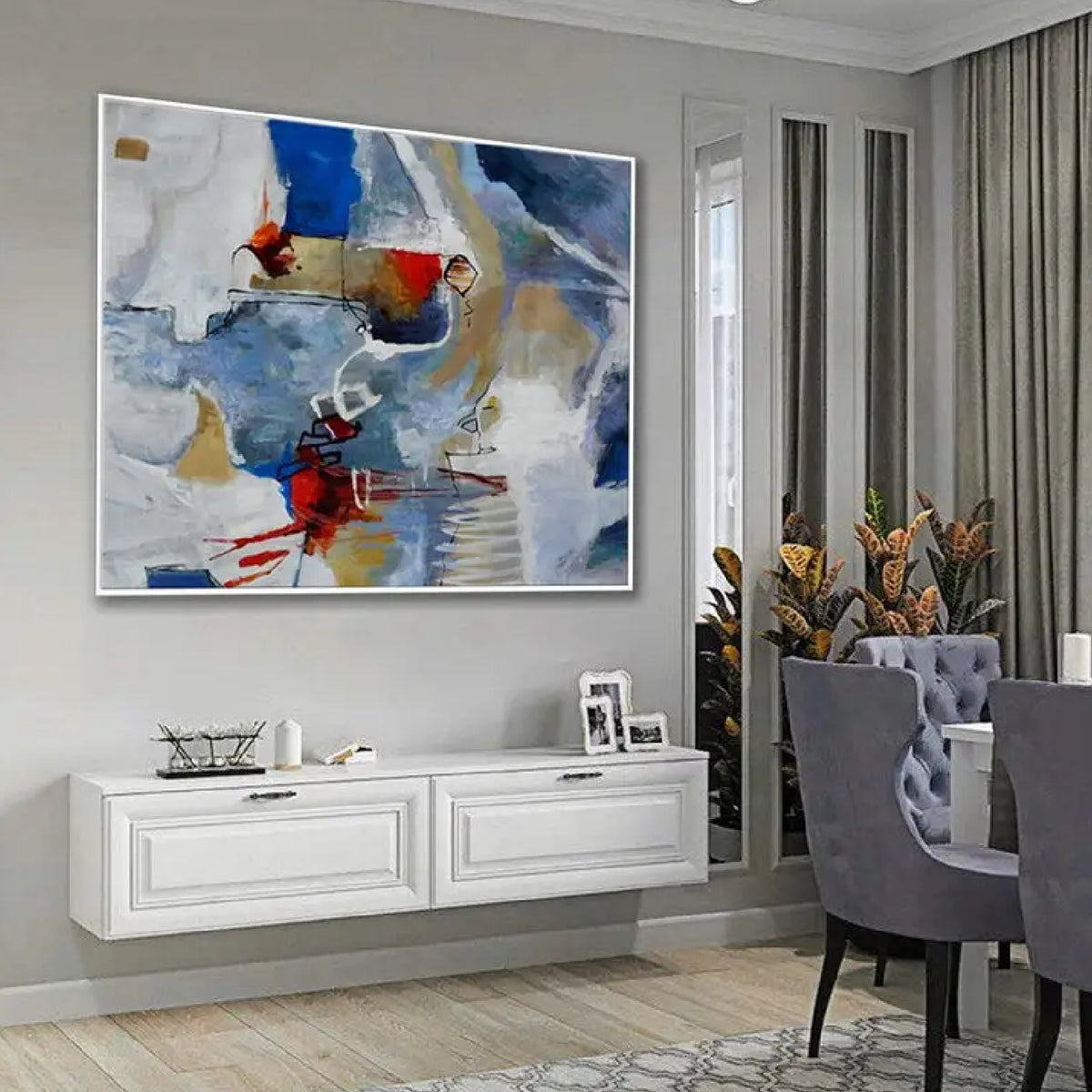 Room mockup. Blue, grey and cream angular strokes surround red accents, fine white loops and short black lines.