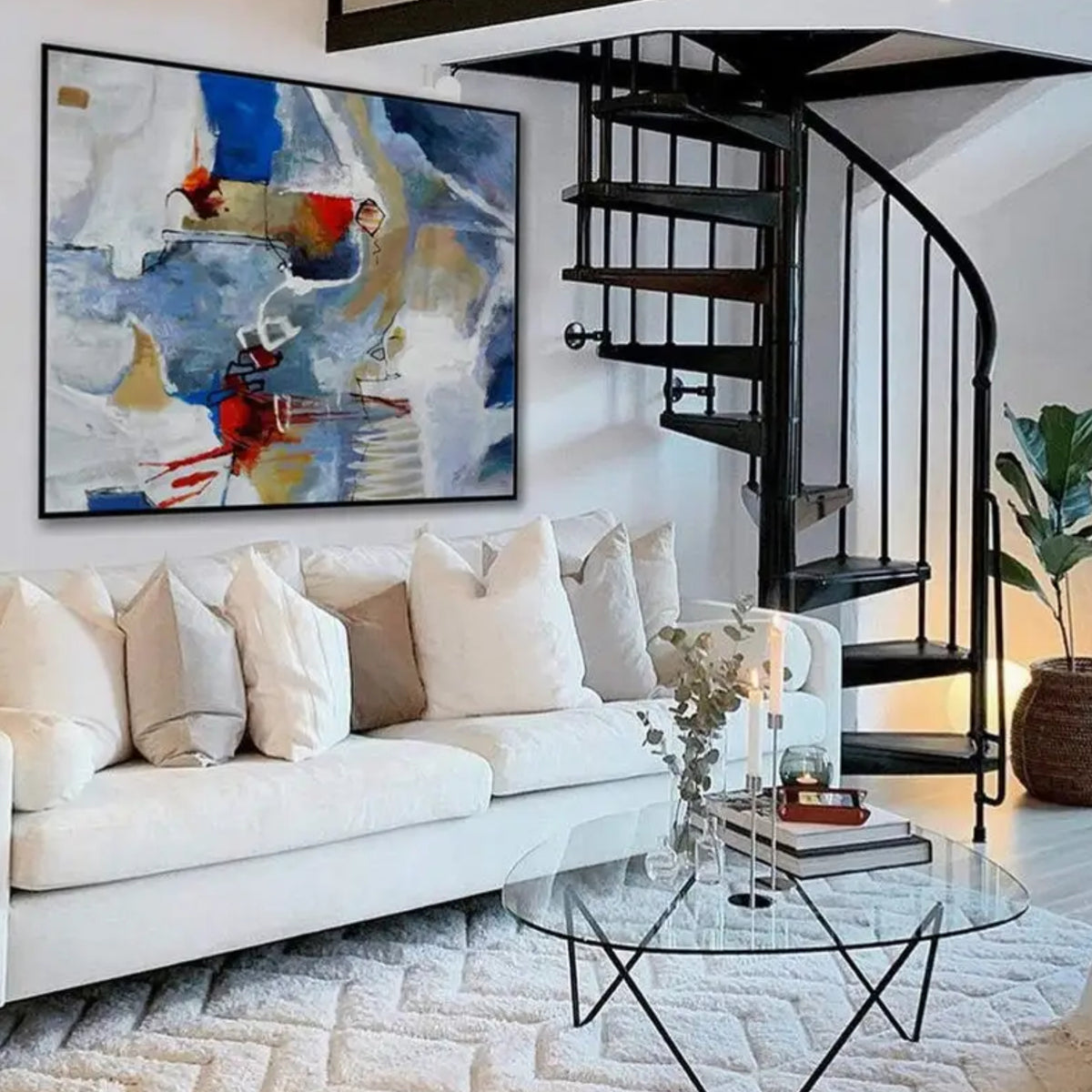 Room mockup. Blue, grey and cream angular strokes surround red accents, fine white loops and short black lines.