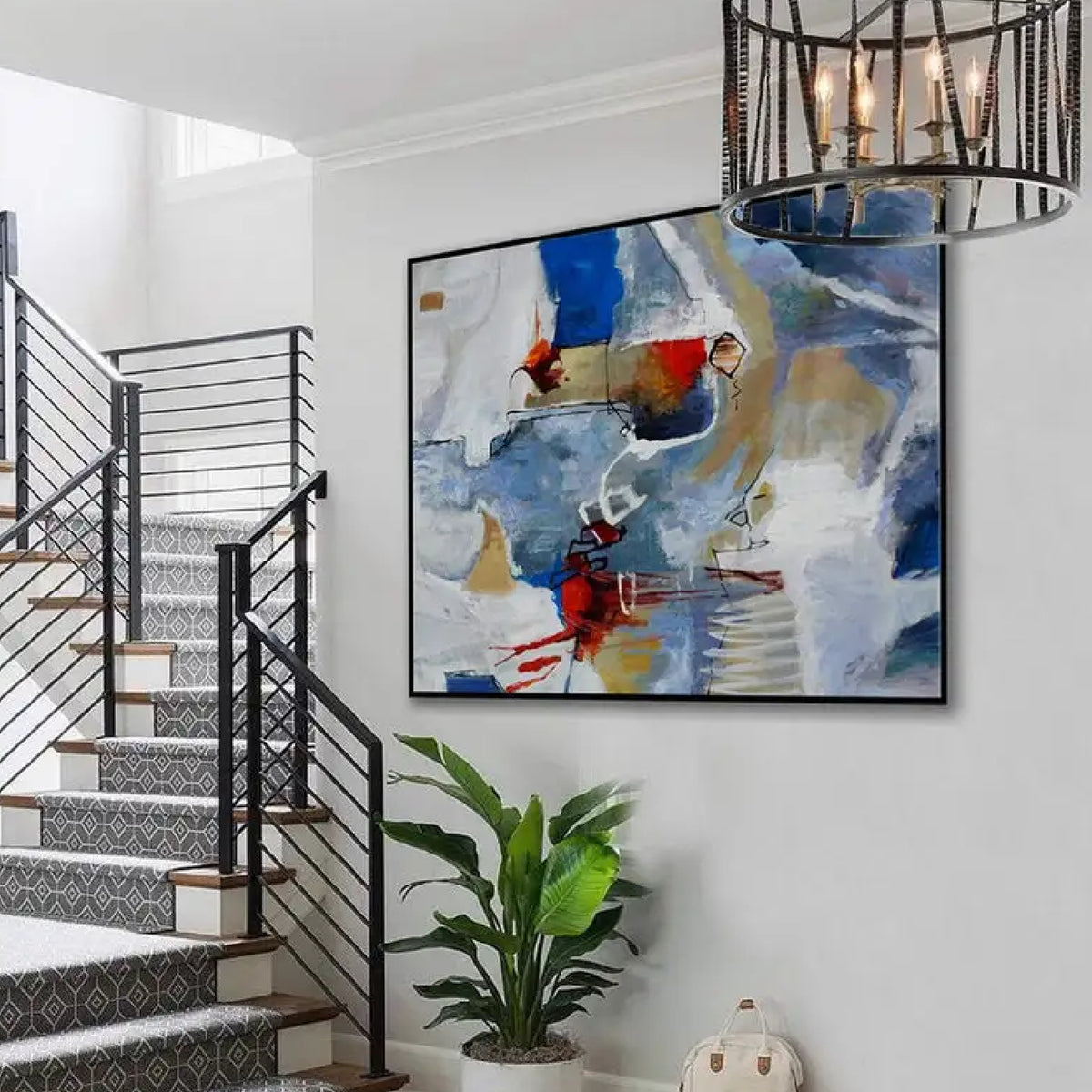 Room mockup. Blue, grey and cream angular strokes surround red accents, fine white loops and short black lines.