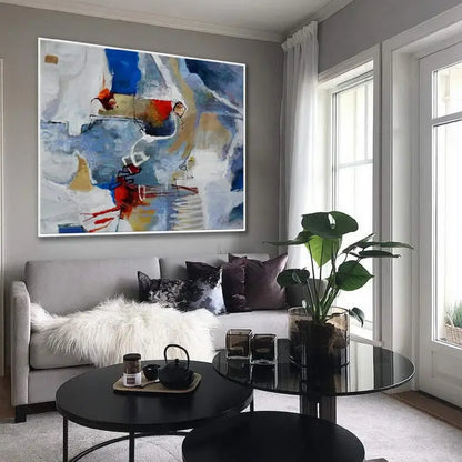 Room mockup. Blue, grey and cream angular strokes surround red accents, fine white loops and short black lines.