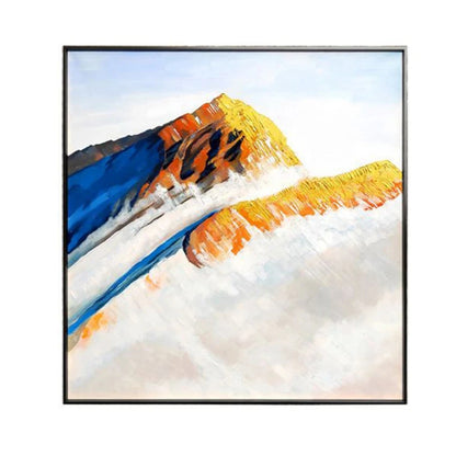 Deep blue mountain slopes and ochre peaks above broad pale white areas beneath a light sky.