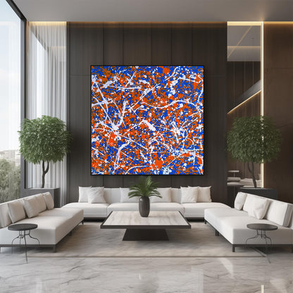 Large Pollock Inspired Blue Orange Abstract Painting | Hand Painted Wall Art