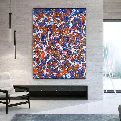 Large Pollock Inspired Blue Orange Abstract Painting | Hand Painted Wall Art