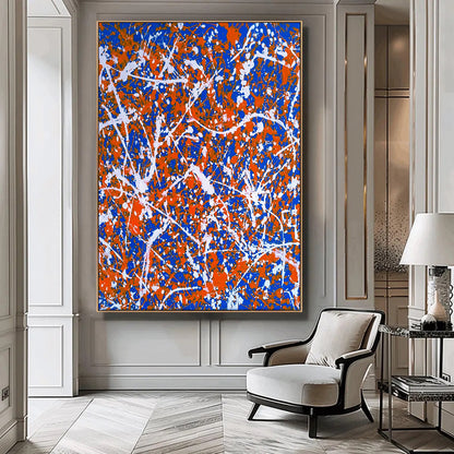 Large Pollock Inspired Blue Orange Abstract Painting | Hand Painted Wall Art