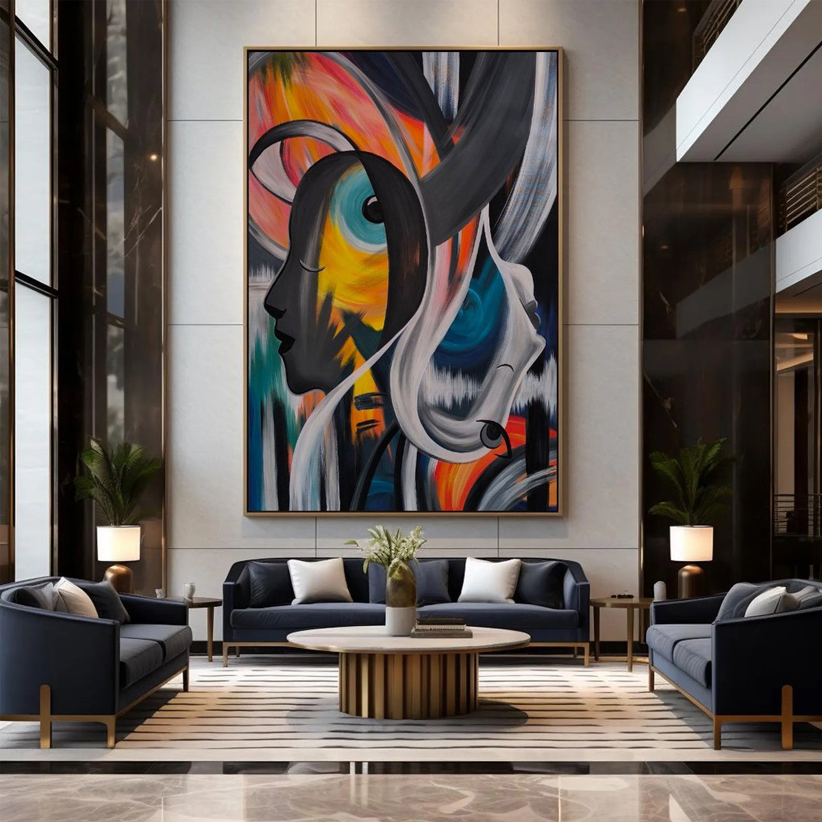 Room mockup showing overlapping abstract profiles with curved black and grey forms and blue, orange and yellow areas.