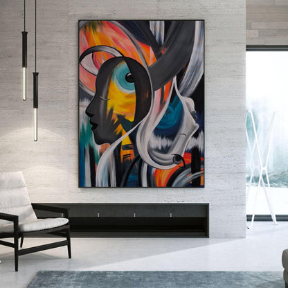 Room mockup showing overlapping abstract profiles with curved black and grey forms and blue, orange and yellow areas.
