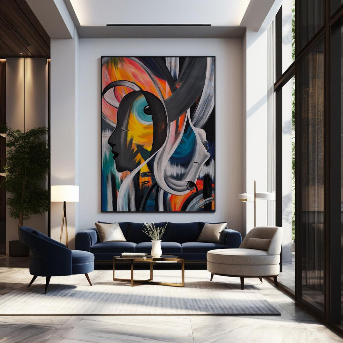 Room mockup showing overlapping abstract profiles with curved black and grey forms and blue, orange and yellow areas.