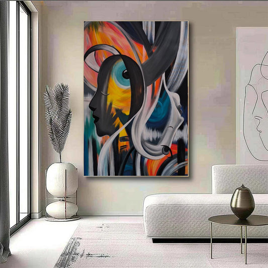 Room mockup showing overlapping abstract profiles with curved black and grey forms and blue, orange and yellow areas.