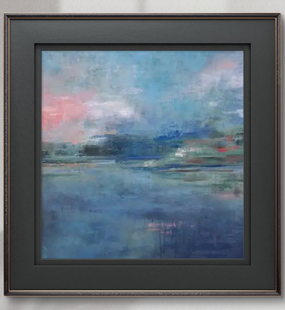 Room mockup showing soft blue water-like fields beneath pink and blue clouds, with a distant green and dark blue horizon.