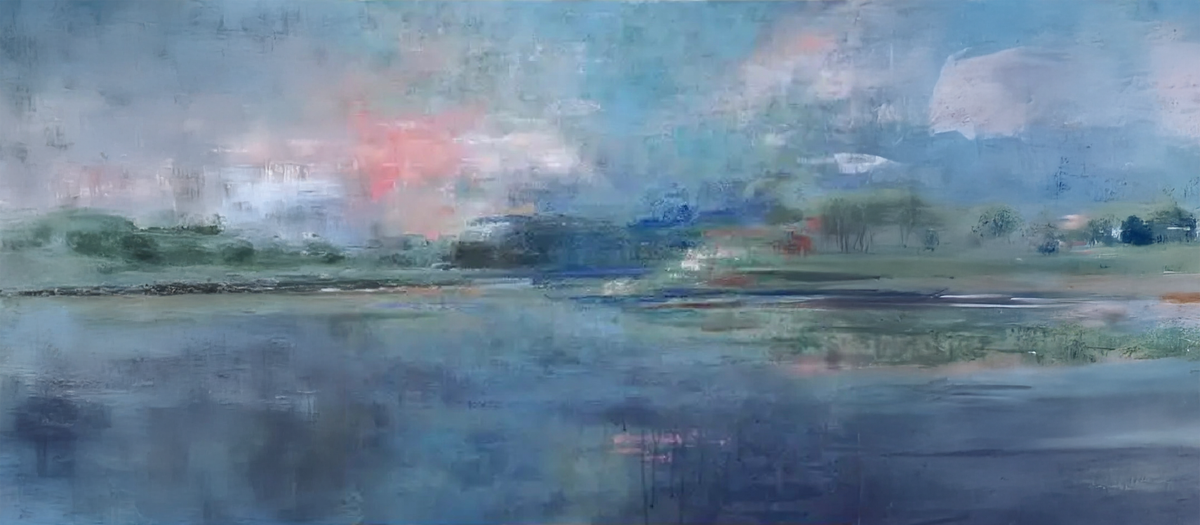 Soft blue water-like fields beneath pink and blue clouds, with a distant green and dark blue horizon.