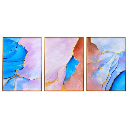Three abstract panels with vivid blue, pale pink and coral flowing fields divided by thin gold-coloured lines.