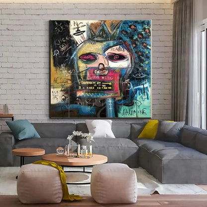 Room mockup showing crowned abstract face in blue, pink, yellow and black surrounded by scribbles and symbols.
