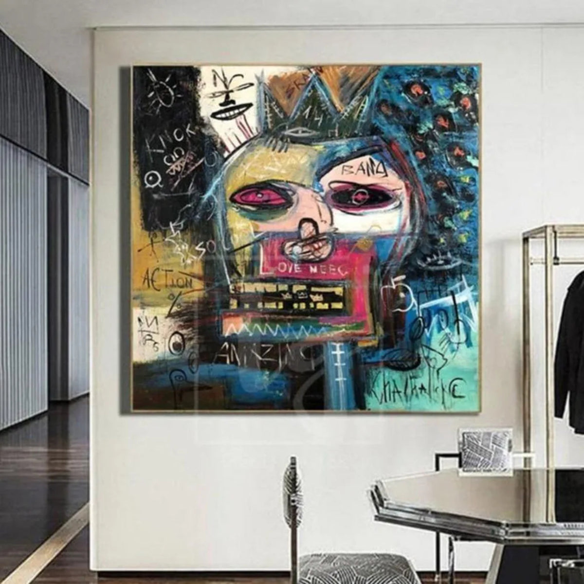 Room mockup showing crowned abstract face in blue, pink, yellow and black surrounded by scribbles and symbols.
