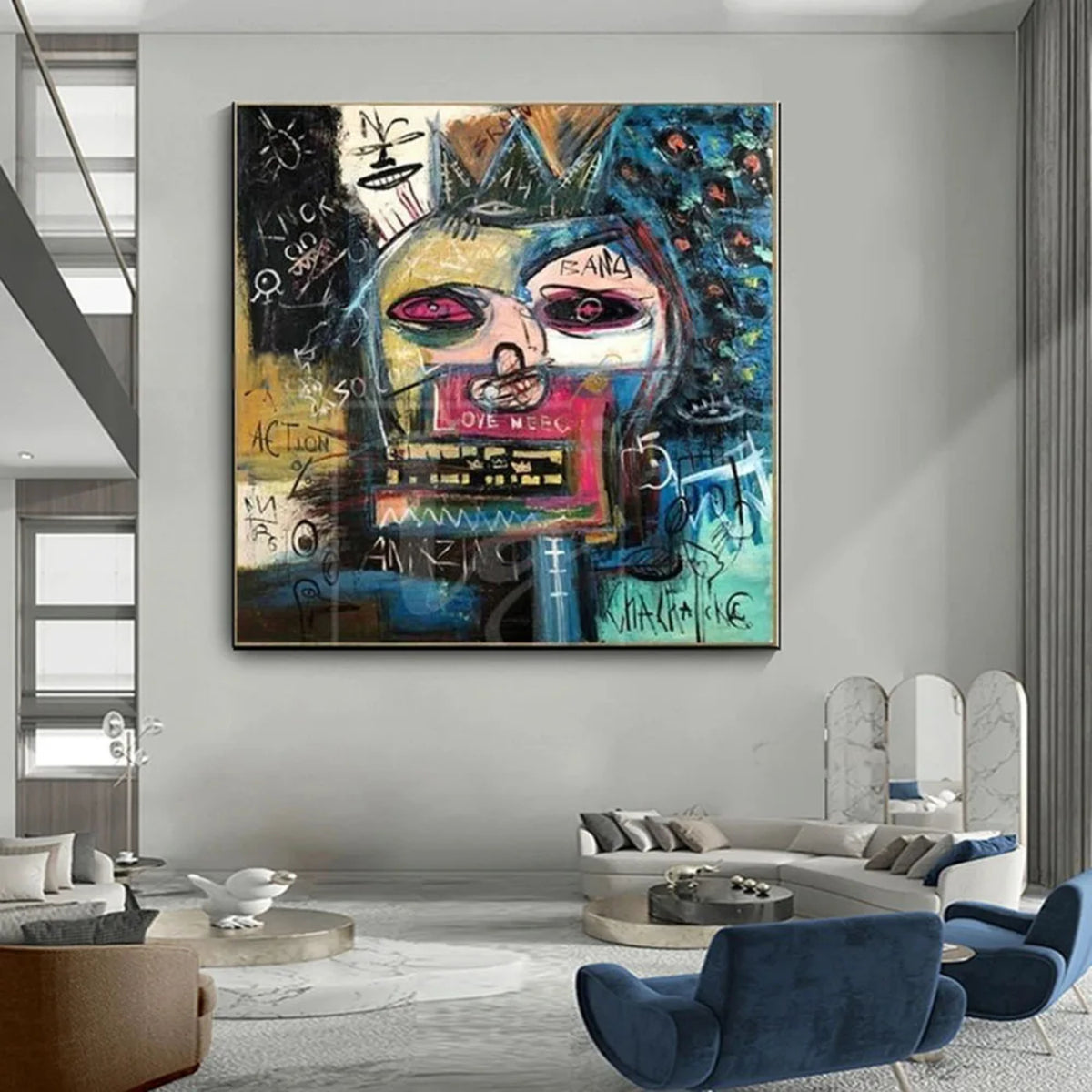 Room mockup showing crowned abstract face in blue, pink, yellow and black surrounded by scribbles and symbols.