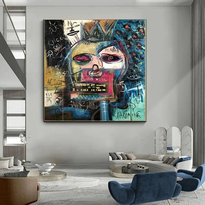 Room mockup showing crowned abstract face in blue, pink, yellow and black surrounded by scribbles and symbols.