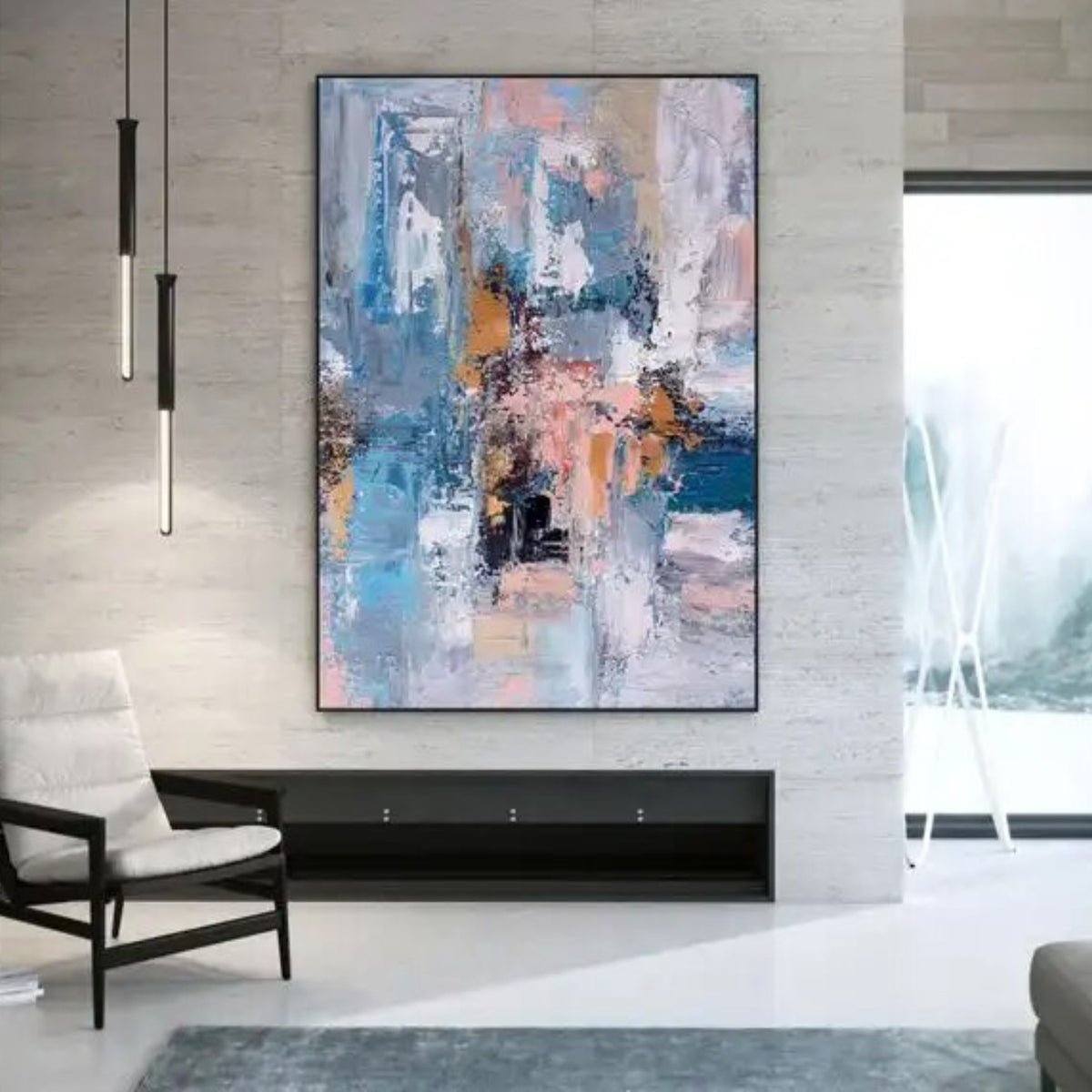 Room mockup. Layered blue, pale pink and white abstract patches with small black blocks and peach and ochre accents.