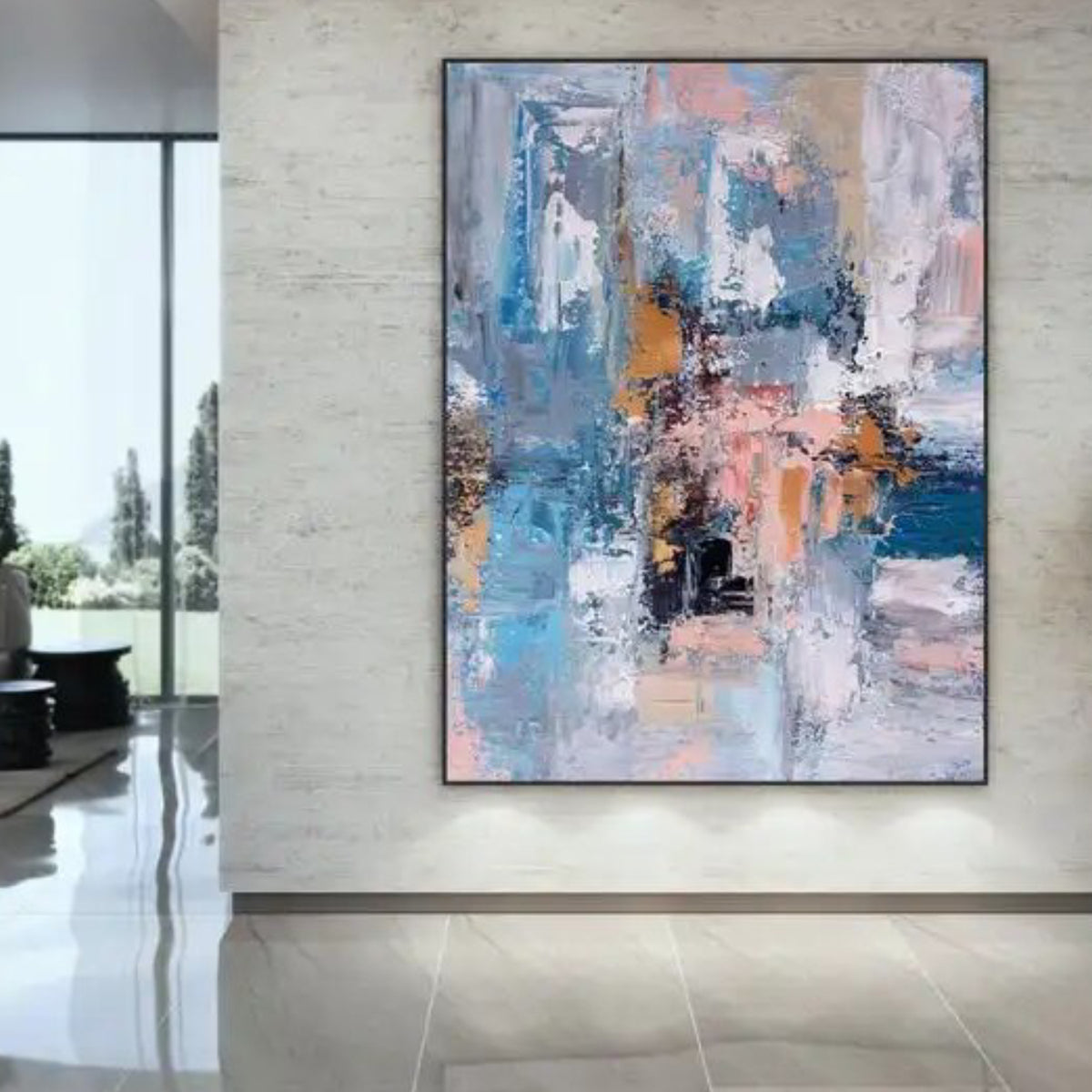 Room mockup. Layered blue, pale pink and white abstract patches with small black blocks and peach and ochre accents.