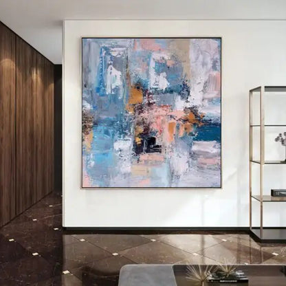 Room mockup. Layered blue, pale pink and white abstract patches with small black blocks and peach and ochre accents.