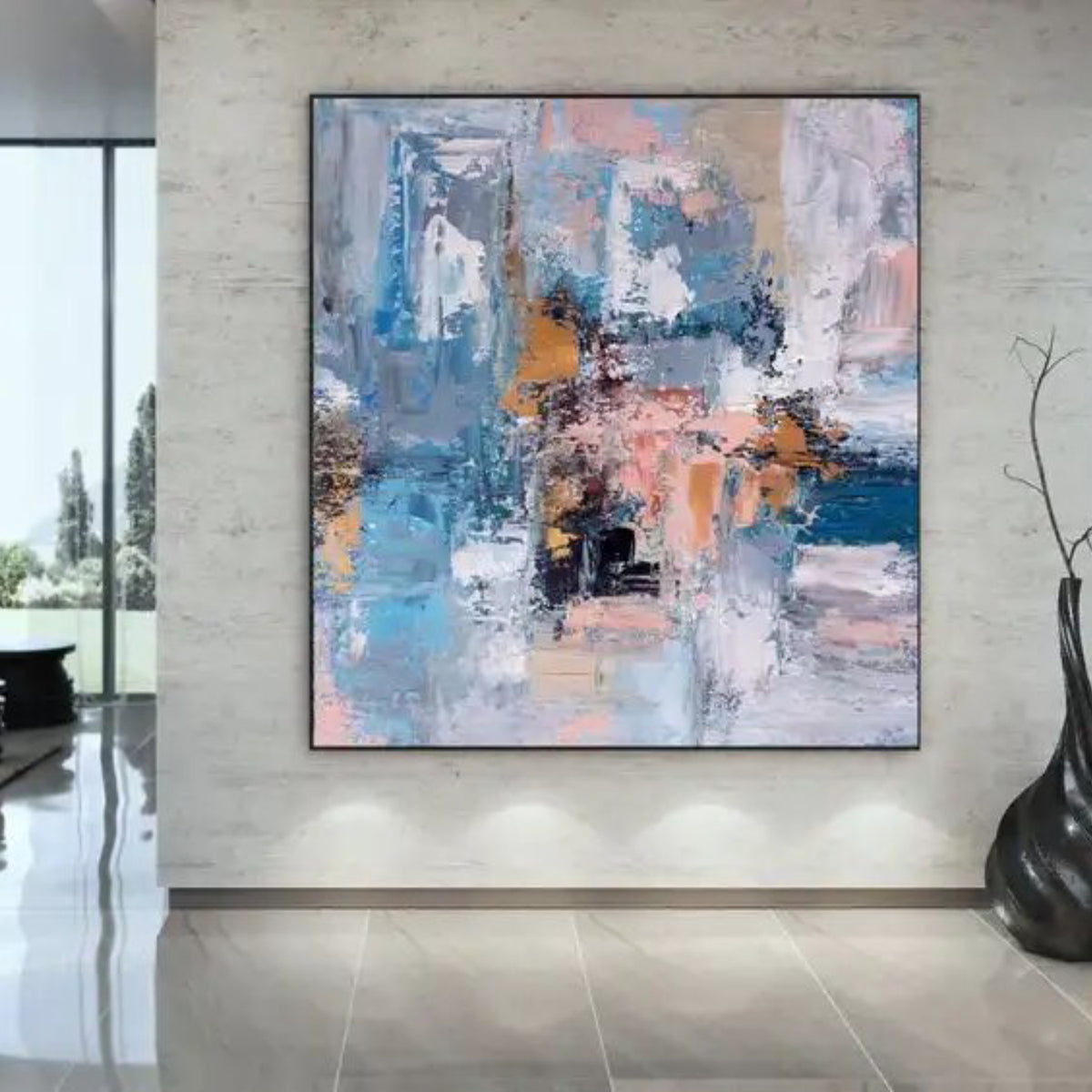 Room mockup. Layered blue, pale pink and white abstract patches with small black blocks and peach and ochre accents.