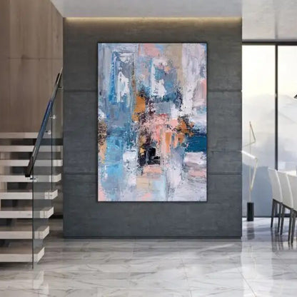 Room mockup. Layered blue, pale pink and white abstract patches with small black blocks and peach and ochre accents.