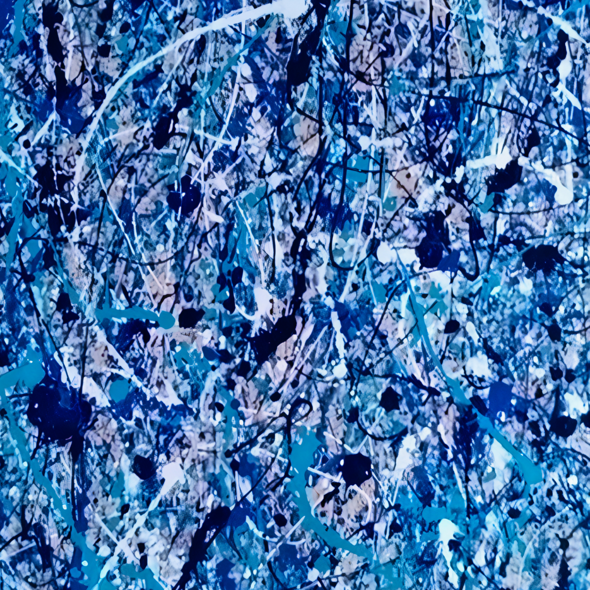 Detail of aqua, blue and navy layers crossed by black and white splashes.