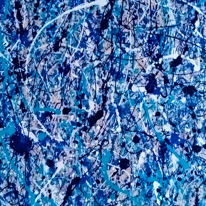 Detail of aqua, blue and navy layers crossed by black and white splashes.