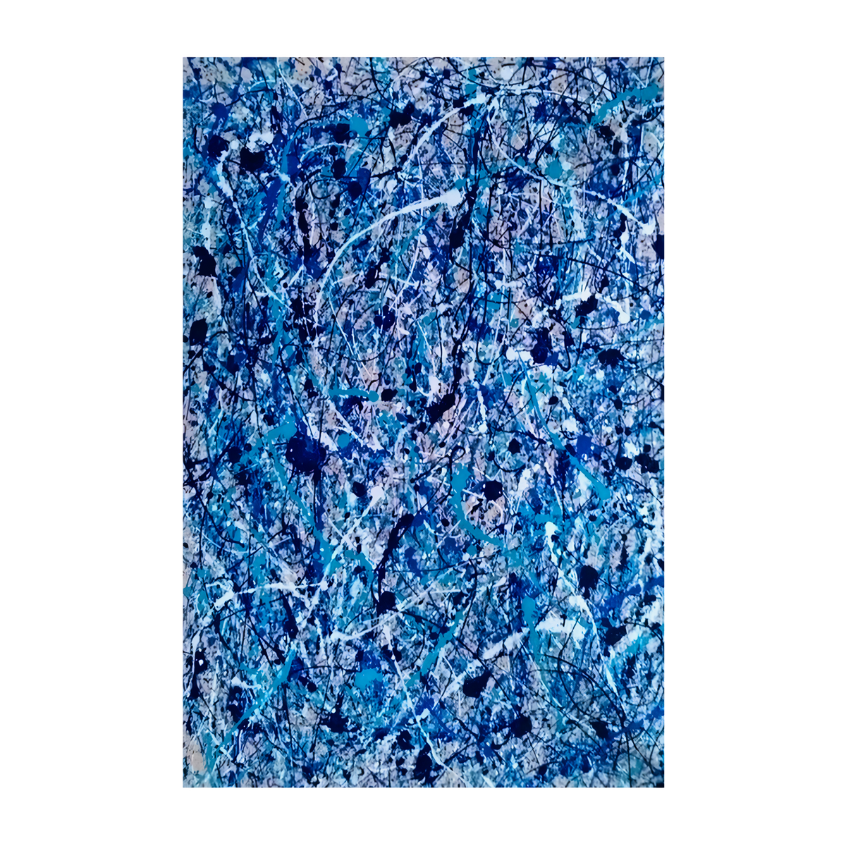 Hand-painted canvas showing aqua, blue and navy layers crossed by black and white splashes.
