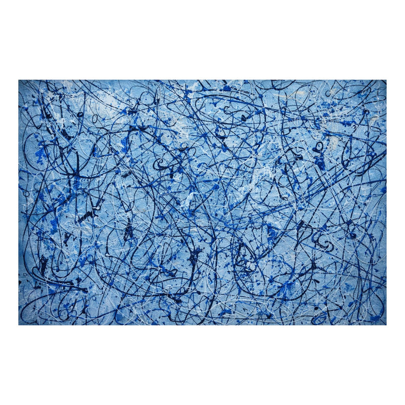 Hand-painted blue abstract drip painting inspired by expressive Pollock-style techniques, featuring layered lines and dynamic movement.
