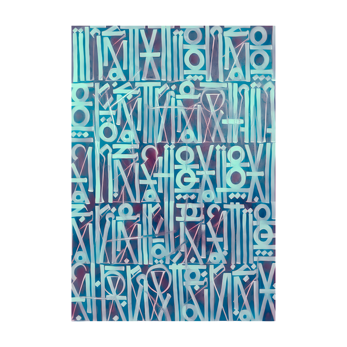 Pale blue geometric symbols and stylised letterforms over layered blue and muted purple shapes.
