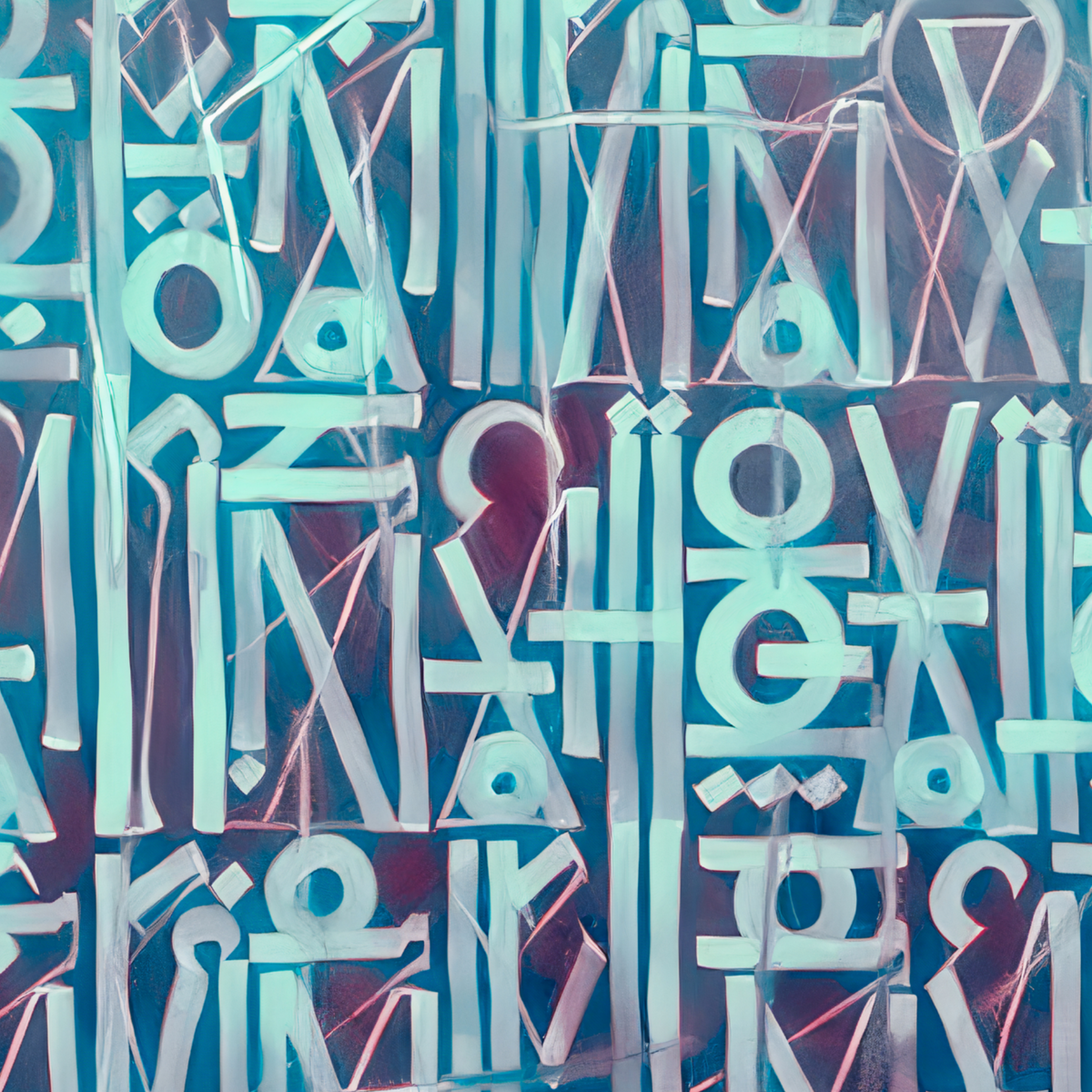 Close-up of pale blue geometric symbols and stylised letterforms over layered blue and muted purple shapes.