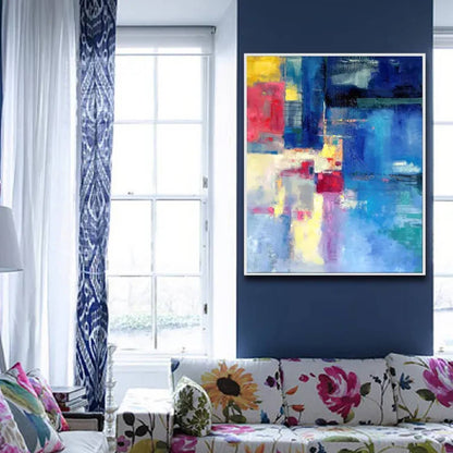 Room mockup. Layered blue rectangular fields with red blocks and pale yellow and cream patches along one side.