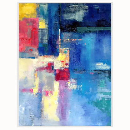 Layered blue rectangular fields with red blocks and pale yellow and cream patches along one side.