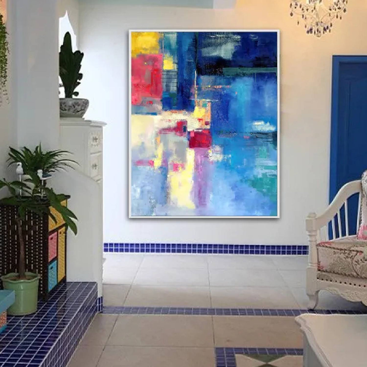 Room mockup. Layered blue rectangular fields with red blocks and pale yellow and cream patches along one side.