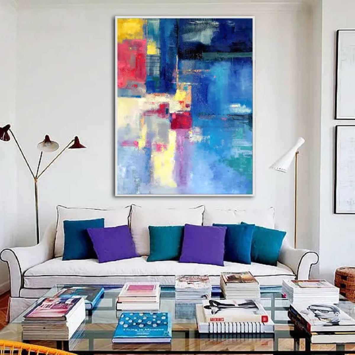 Room mockup. Layered blue rectangular fields with red blocks and pale yellow and cream patches along one side.