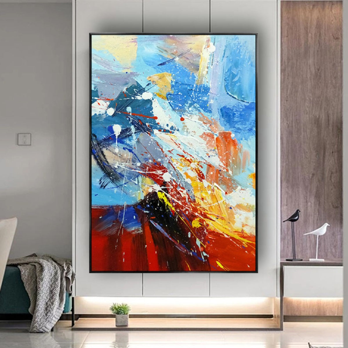 Room mockup. Sweeping dark blue curves and white splashes over bright blue, red, orange and yellow abstract strokes.