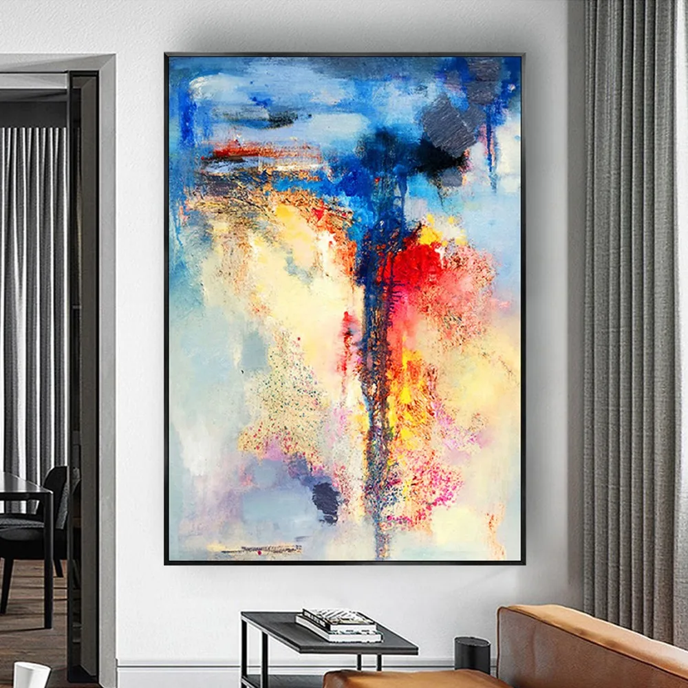 Room mockup showing bright blue, red and yellow abstract painting with a dark central vertical streak and pale textured lower areas.
