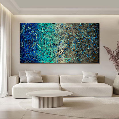 Large Pollock Inspired Blue Teal Abstract Painting | Hand Painted Wall Art