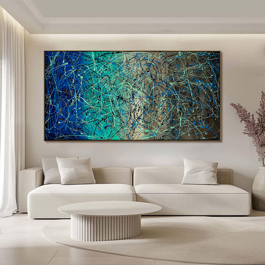 Large Pollock Inspired Blue Teal Abstract Painting | Hand Painted Wall Art