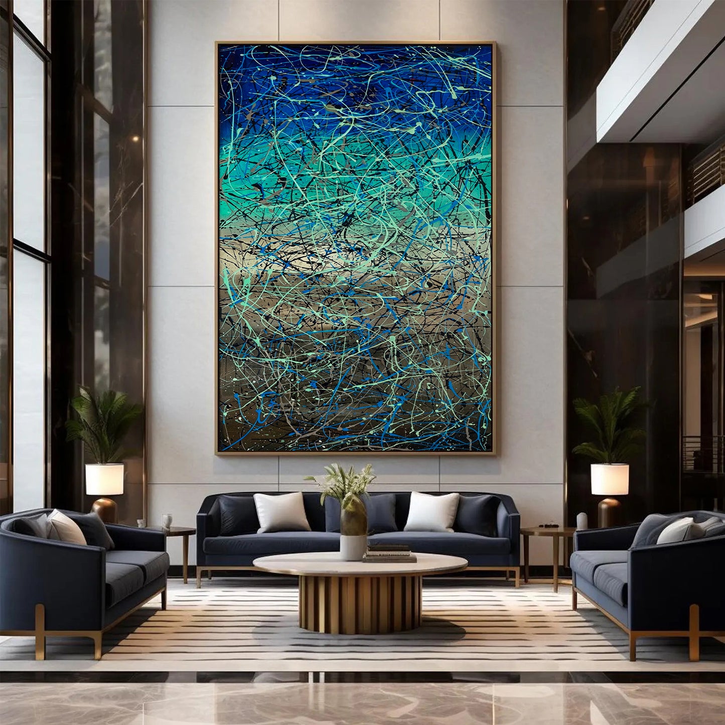 Arte da parete in stile espressionista blu scuro Pollok
