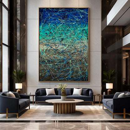 Large Pollock Inspired Blue Teal Abstract Painting | Hand Painted Wall Art