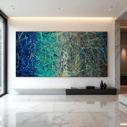 Large Pollock Inspired Blue Teal Abstract Painting | Hand Painted Wall Art